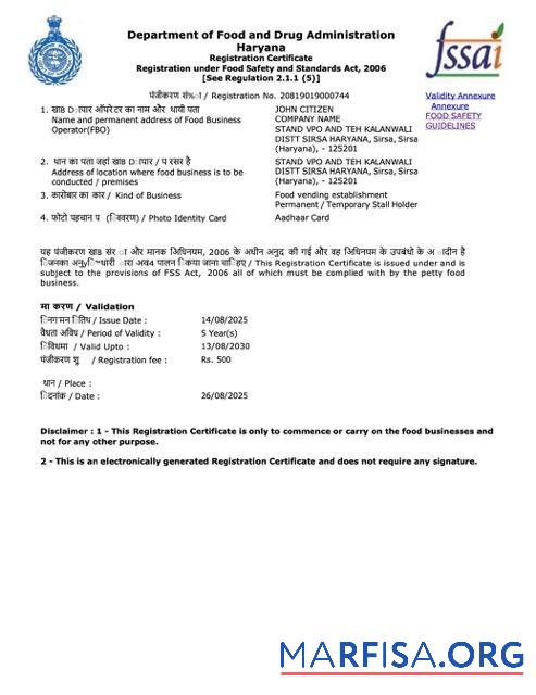 Realistic India Haryana registration certificate Word and PDF template